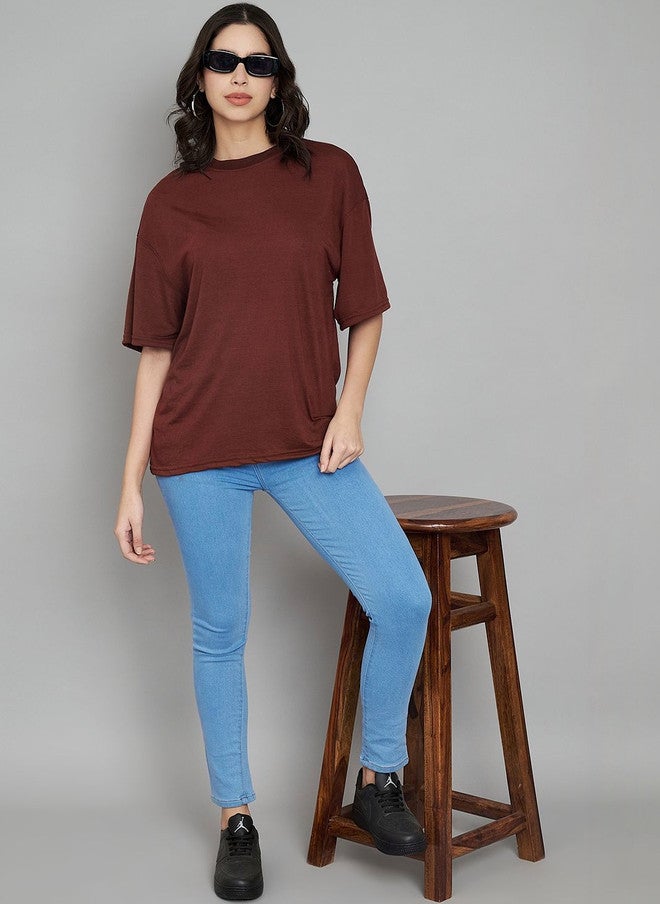 Trend Level Women Solid Oversized T-shirt with Drop-Shoulder Sleeves - Image 4