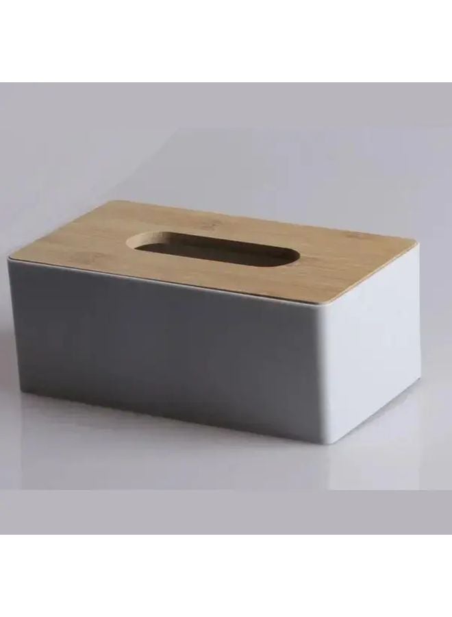 White Plastic Tissue Box Cover Bamboo Finish Minimalist Home Decor Kitchen - Image 1