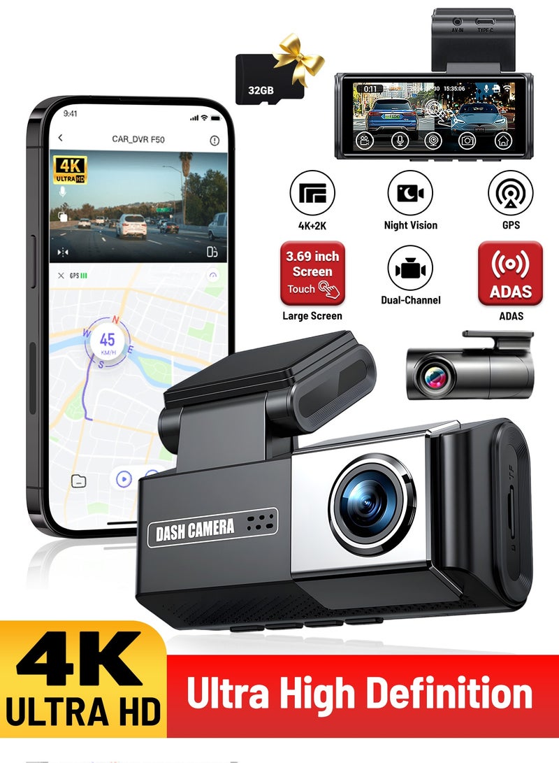 دانسينت كاميرا داش 4K UHD للسيارات، عدسة مزدوجة أمامية وخلفية، أمامية بدقة 4K 3840*2160 بكسل، خلفية بدقة 2K 2560*1440 بكسل، مزودة بنظام ADAS، واي فاي مدمج، حساس G، مع جهاز DVR لتسجيل الفيديو للسيارة. - Image 1