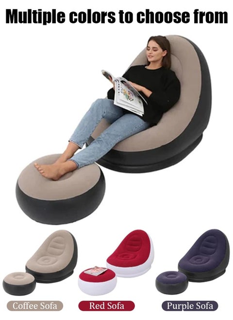 Two Piece Footstool Inflatable Flocking Sofa, Leisure Nap Portable Flocking Folding Sofa, Comfortable and Durable Folding Recliner Sofa Bed, Indoor and Outdoor Use Soft Single Sofa Chair Outdoor Sofa Camping
