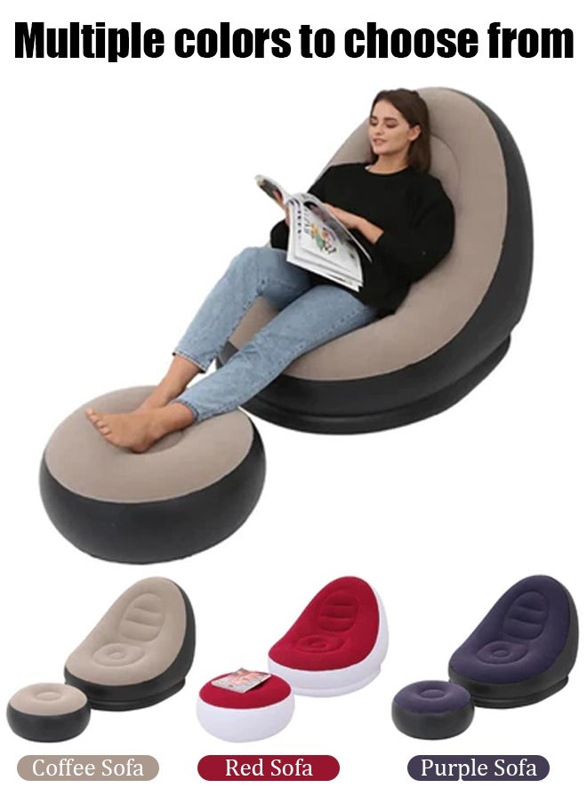 Two Piece Footstool Inflatable Flocking Sofa, Leisure Nap Portable Flocking Folding Sofa, Comfortable and Durable Folding Recliner Sofa Bed, Indoor and Outdoor Use Soft Single Sofa Chair Outdoor Sofa Camping