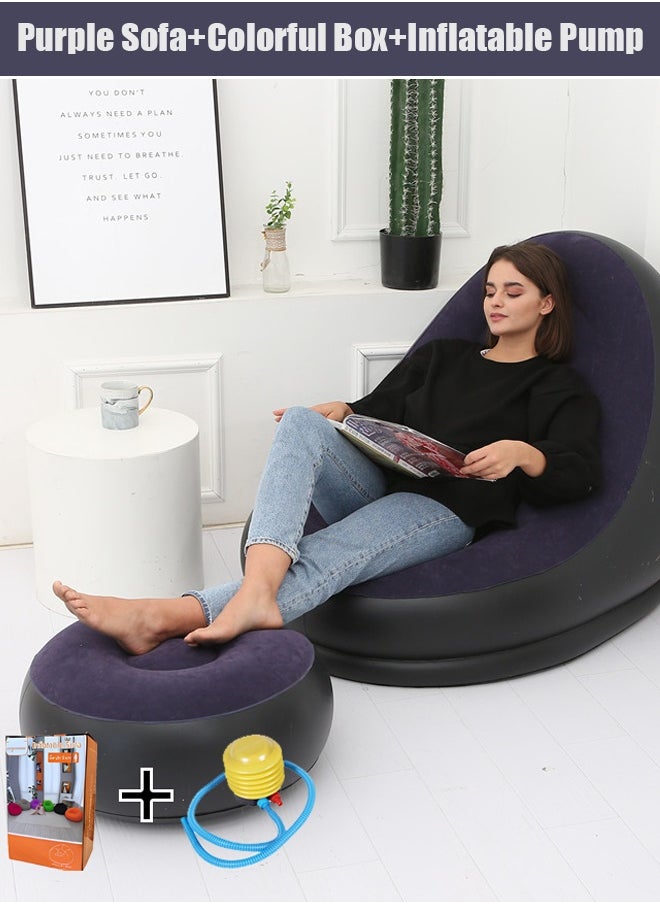 Two Piece Footstool Inflatable Flocking Sofa, Leisure Nap Portable Flocking Folding Sofa, Comfortable and Durable Folding Recliner Sofa Bed, Indoor and Outdoor Use Soft Single Sofa Chair Outdoor Sofa Camping