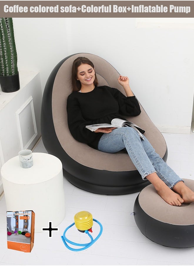 Two Piece Footstool Inflatable Flocking Sofa, Leisure Nap Portable Flocking Folding Sofa, Comfortable and Durable Folding Recliner Sofa Bed, Indoor and Outdoor Use Soft Single Sofa Chair Outdoor Sofa Camping