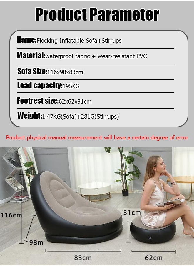 Two Piece Footstool Inflatable Flocking Sofa, Leisure Nap Portable Flocking Folding Sofa, Comfortable and Durable Folding Recliner Sofa Bed, Indoor and Outdoor Use Soft Single Sofa Chair Outdoor Sofa Camping