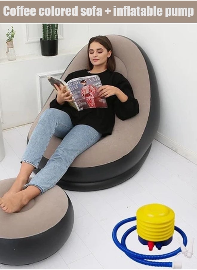 Two Piece Footstool Inflatable Flocking Sofa, Leisure Nap Portable Flocking Folding Sofa, Comfortable and Durable Folding Recliner Sofa Bed, Indoor and Outdoor Use Soft Single Sofa Chair Outdoor Sofa Camping