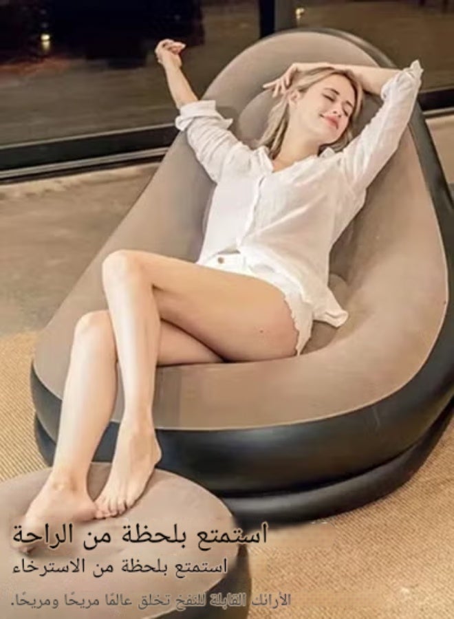 Two Piece Footstool Inflatable Flocking Sofa, Leisure Nap Portable Flocking Folding Sofa, Comfortable and Durable Folding Recliner Sofa Bed, Indoor and Outdoor Use Soft Single Sofa Chair Outdoor Sofa Camping - Image 1