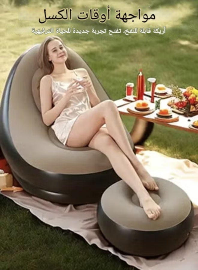 Two Piece Footstool Inflatable Flocking Sofa, Leisure Nap Portable Flocking Folding Sofa, Comfortable and Durable Folding Recliner Sofa Bed, Indoor and Outdoor Use Soft Single Sofa Chair Outdoor Sofa Camping - Image 2