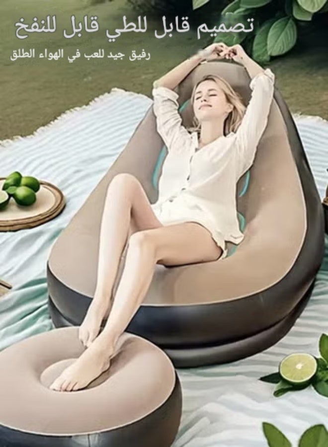 Two Piece Footstool Inflatable Flocking Sofa, Leisure Nap Portable Flocking Folding Sofa, Comfortable and Durable Folding Recliner Sofa Bed, Indoor and Outdoor Use Soft Single Sofa Chair Outdoor Sofa Camping - Image 4