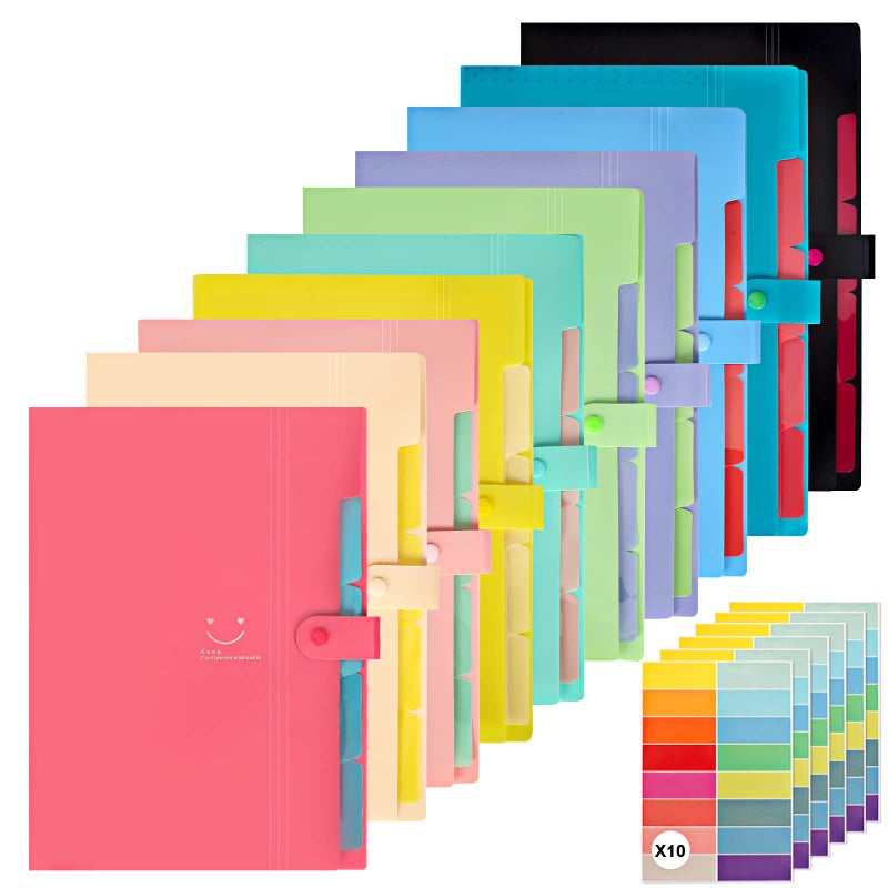 EOOUT 10pcs Expanding File Folders, Folders for Documents, A4 Letter Size Plastic Accordion Document Organizer with Snap Button, 160 Stickers in 16 Colors, for School and Office Supplies - Image 1