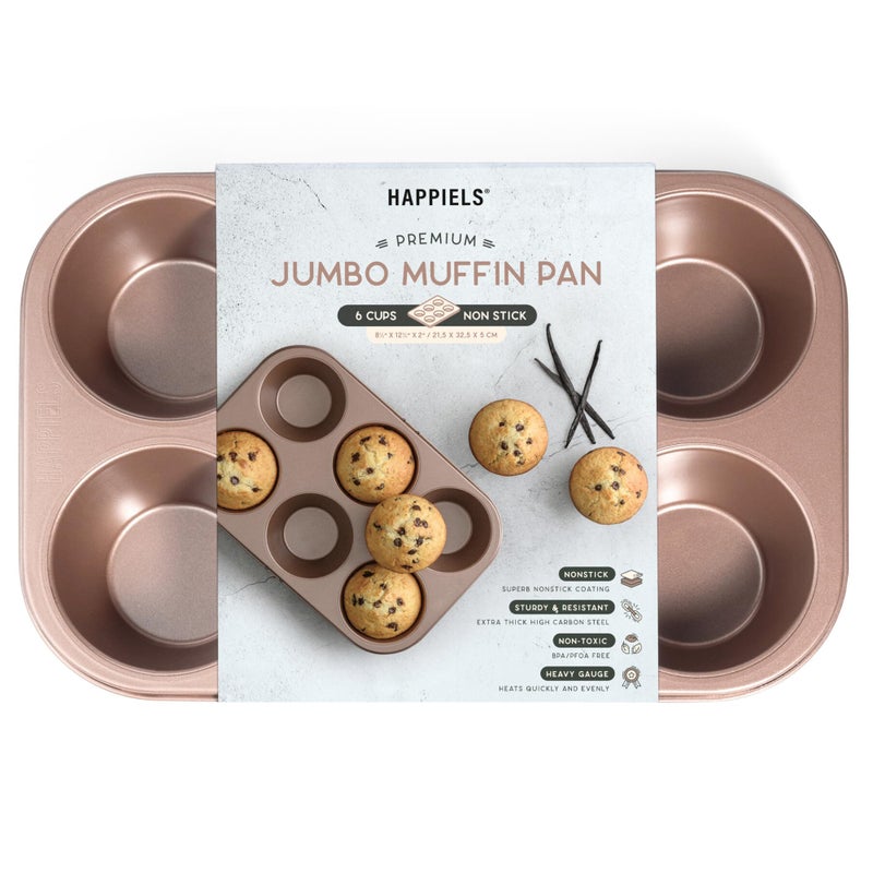 HAPPIELS Non Toxic Nonstick 6 Cup Jumbo Muffin Pan | Non Stick Large Cupcake Tin for Oven | Nontoxic Muffins Tins Big Size | Non Toxic Non Stick Baking Trays PFOA Free | Cupcakes Tray - Image 1
