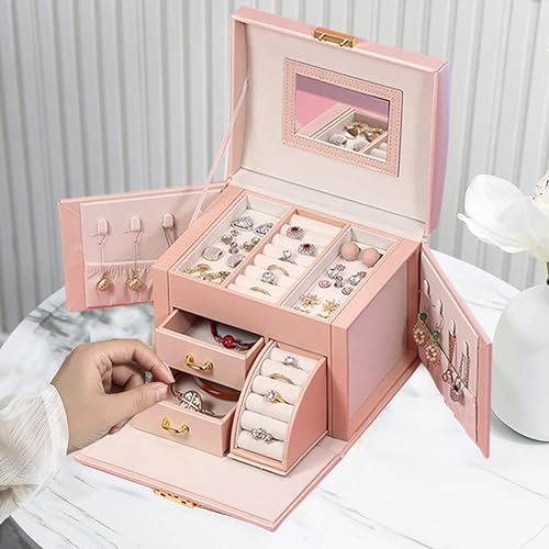 SIBY PU Leather Jewelry Box Organizer with Mirror & Lock – Compact Jewelry Case with Drawers for Rings, Earrings, Necklaces – Travel‑Friendly & Elegant (Pink, 17.3×13.8×14.5 cm) - Image 3