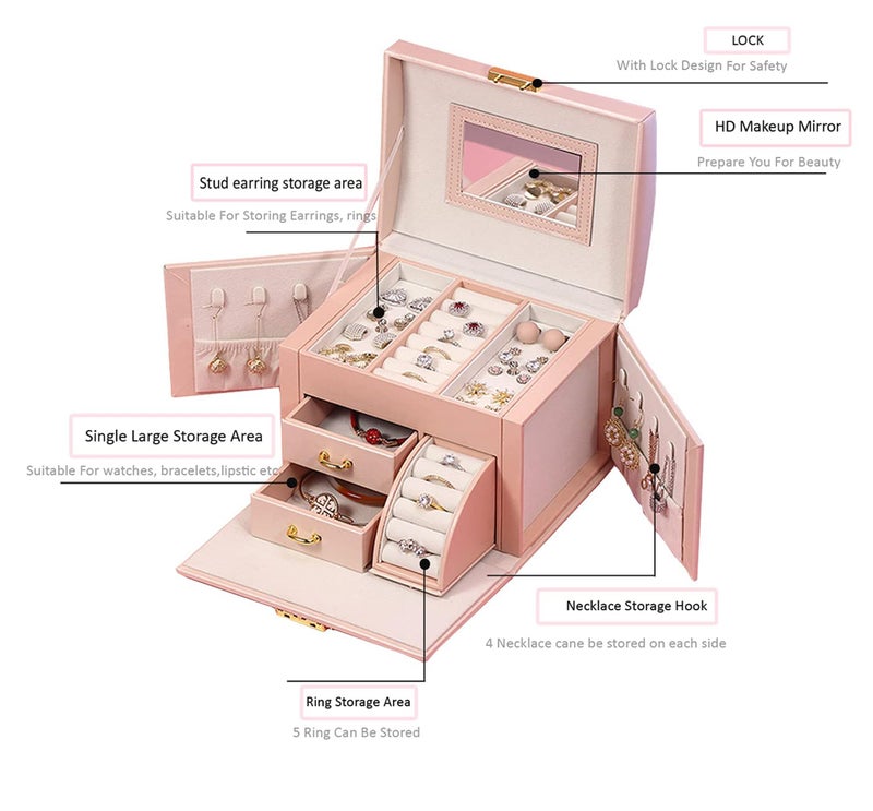 SIBY PU Leather Jewelry Box Organizer with Mirror & Lock – Compact Jewelry Case with Drawers for Rings, Earrings, Necklaces – Travel‑Friendly & Elegant (Pink, 17.3×13.8×14.5 cm) - Image 5