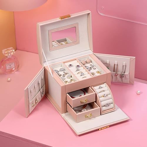SIBY PU Leather Jewelry Box Organizer with Mirror & Lock – Compact Jewelry Case with Drawers for Rings, Earrings, Necklaces – Travel‑Friendly & Elegant (Pink, 17.3×13.8×14.5 cm) - Image 2