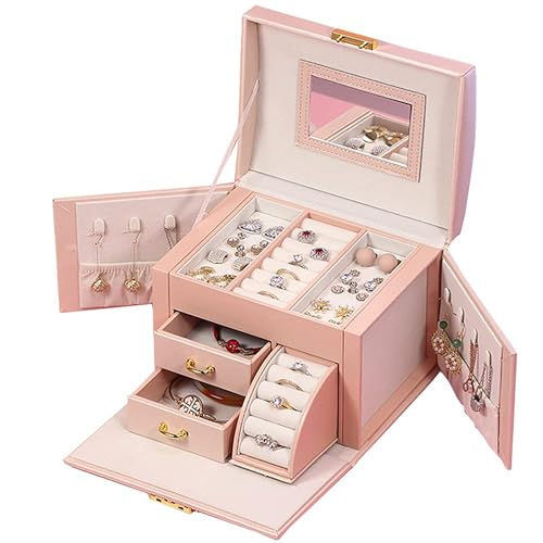 SIBY PU Leather Jewelry Box Organizer with Mirror & Lock – Compact Jewelry Case with Drawers for Rings, Earrings, Necklaces – Travel‑Friendly & Elegant (Pink, 17.3×13.8×14.5 cm) - Image 1