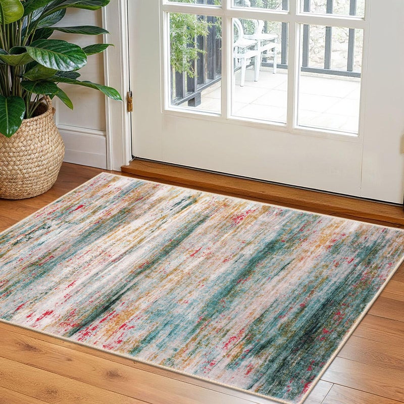 KOZYFLY Modern Abstract Small Area Rugs 2x3 Washable Kitchen Rug NonSlip Soft Small Bathroom Rug Green Striped Entryway Rugs Abstract Print Faux Wool Doormat for Bedside Entrance Bedroom Sink