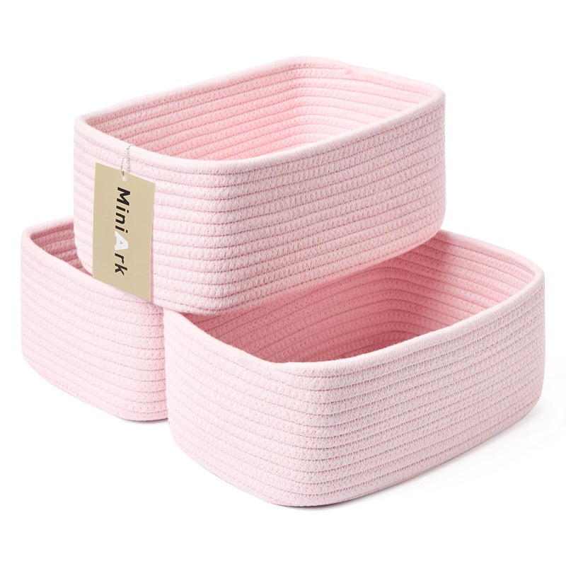 MiniArk Small Storage Baskets for Organizing | Closet Organizer Bins | Shelf Toy Basket | Woven Rope Baskets | Cube Decorative Box | Shallow Basket | 11.5x7.5x4.7â€ | 3 Packs Light Pink - Image 1
