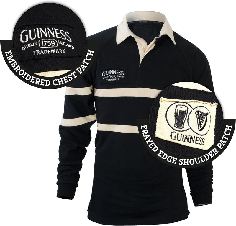 GUINNESS قميص رجبي تقليدي أسود وكريمي بأكمام طويلة، بضائع رسمية، قميص أسود، مقاس صغير للرجال حتى 4X-Large - Image 1