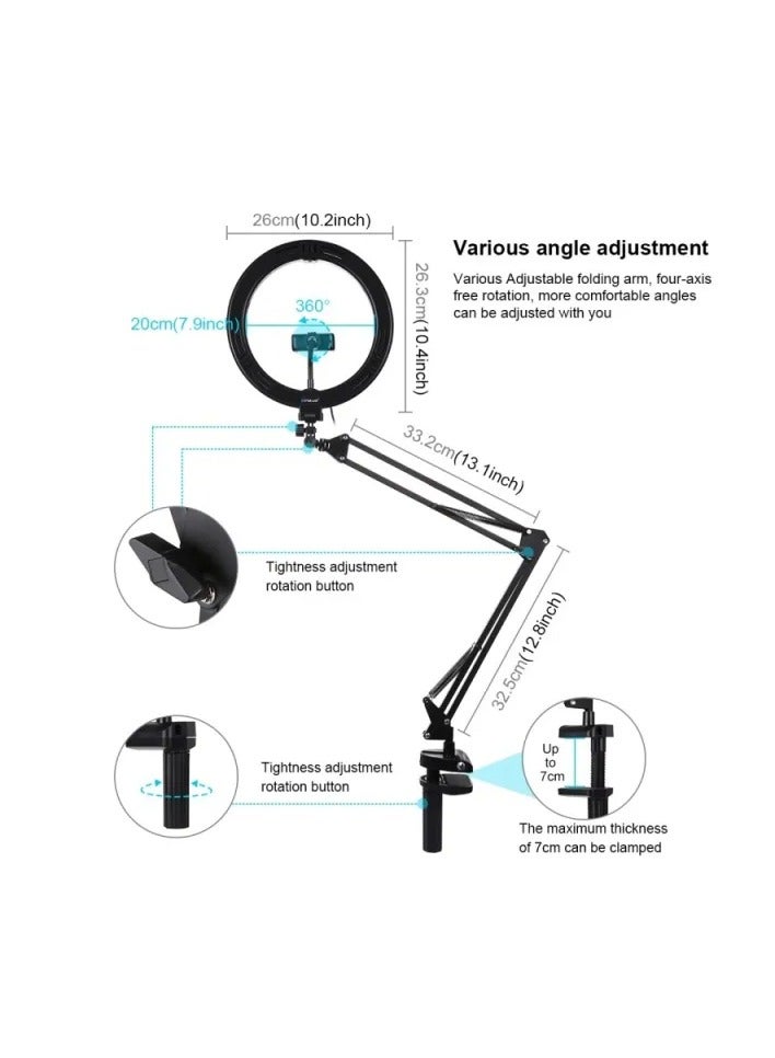 PULUZ PULUZ 10.2" (26cm) Curved Ring Light with Desktop Arm Stand – USB Dimmable LED Light for Makeup, Live Stream, YouTube Video, PKT3090B - Image 2