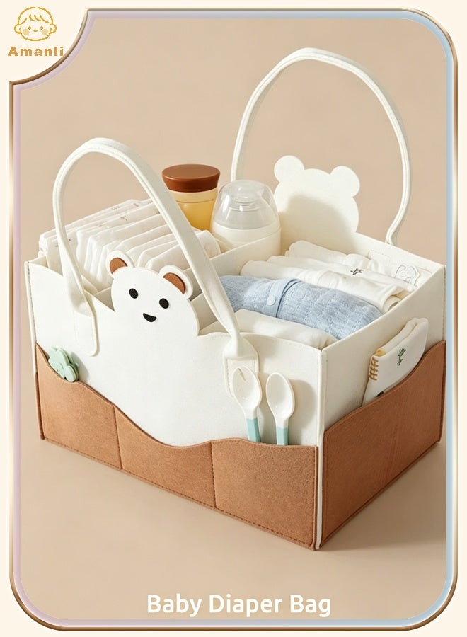 Amanli Large Capacity Felt Diaper Bag, Portable Foldable Wool Tote Organizer with Handle, Multi-Compartment Nursery Storage Basket for Baby Essentials(Brown) - Image 1