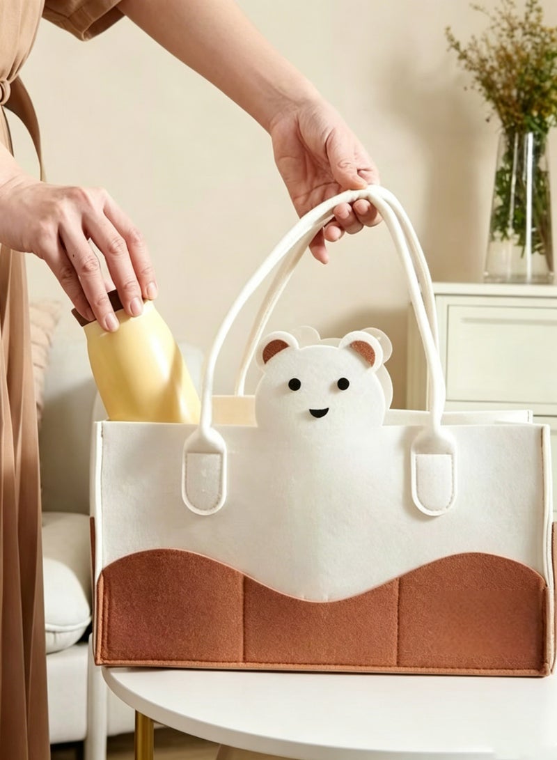 Amanli Large Capacity Felt Diaper Bag, Portable Foldable Wool Tote Organizer with Handle, Multi-Compartment Nursery Storage Basket for Baby Essentials(Brown) - Image 3