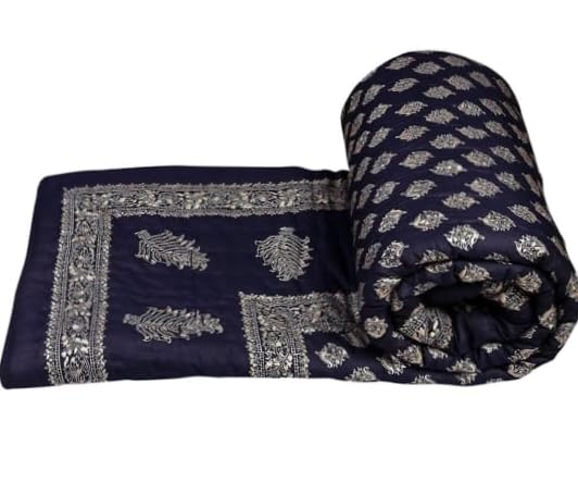 Ahnef Furnishing Pure Cotton Reversible Cotton Rajai/Quilt/Blanket for All Season | Traditional Jaipuri Block & Floral Print Comforter for Double Bed | Soft & Lightweight | Dark Blue - Image 2