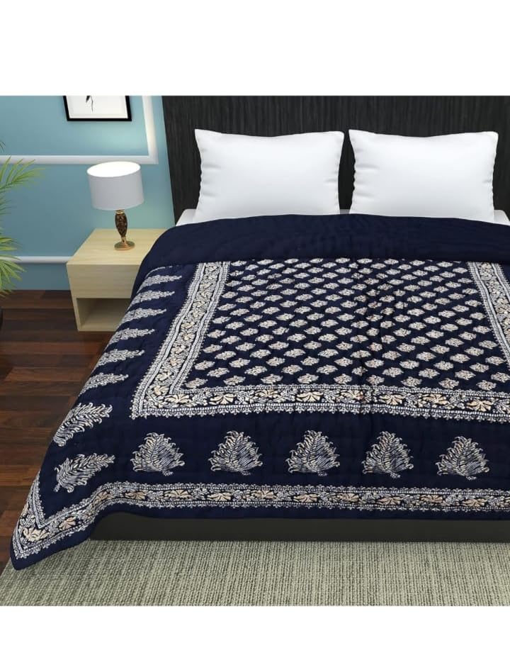 Ahnef Furnishing Pure Cotton Reversible Cotton Rajai/Quilt/Blanket for All Season | Traditional Jaipuri Block & Floral Print Comforter for Double Bed | Soft & Lightweight | Dark Blue - Image 1