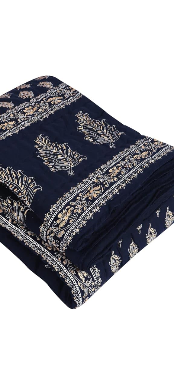 Ahnef Furnishing Pure Cotton Reversible Cotton Rajai/Quilt/Blanket for All Season | Traditional Jaipuri Block & Floral Print Comforter for Double Bed | Soft & Lightweight | Dark Blue - Image 4