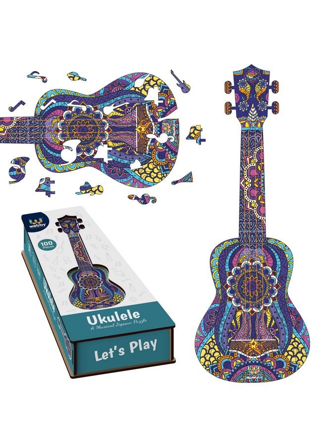 Webby Colourful Ukulele Wooden Jigsaw Puzzle, Beautiful Unique Family Guitar Shape Jigsaw Puzzle, Best Gift for Adults,Teenagers & Kids (50×19) cm, 100 Pcs - Image 1