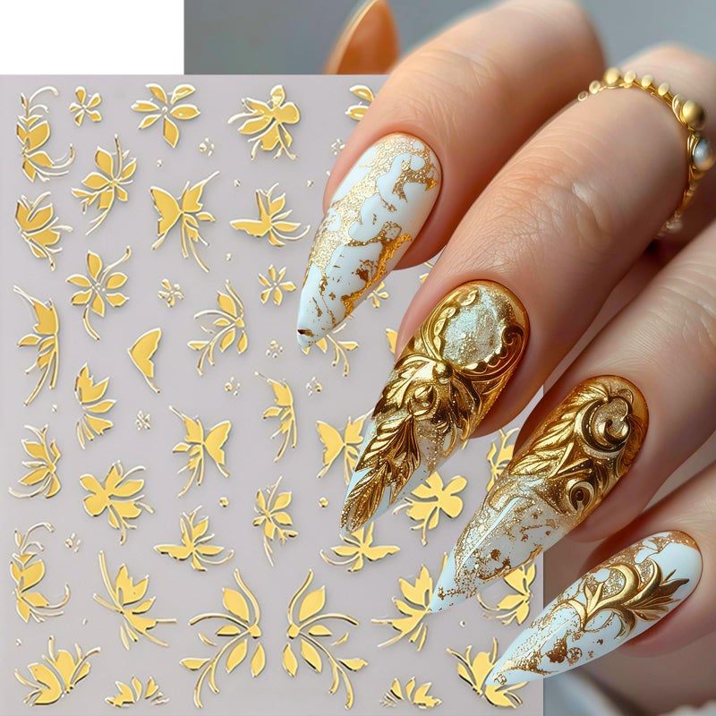 Quezadyl 6Pcs Gold Nail Art Stickers 3D Metallic Flower Leaf Nails Decals Leaf Nails Decals Flower Butterfly Leaves Nail Design Summer Nails Supplies Hibiscus Floral Nail Accessories for Women DIY Nail Art - Image 3