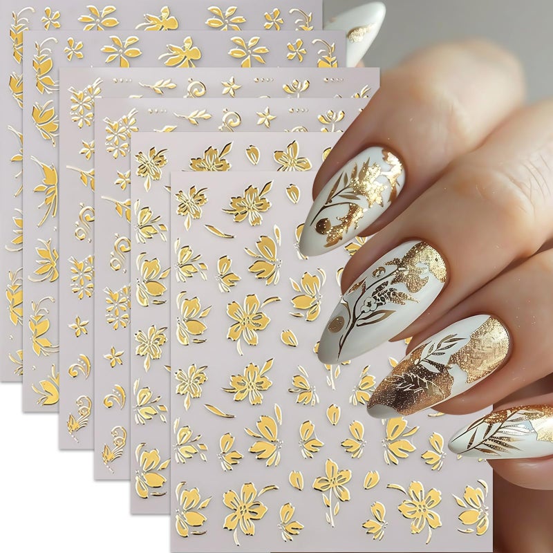 Quezadyl 6Pcs Gold Nail Art Stickers 3D Metallic Flower Leaf Nails Decals Leaf Nails Decals Flower Butterfly Leaves Nail Design Summer Nails Supplies Hibiscus Floral Nail Accessories for Women DIY Nail Art - Image 1
