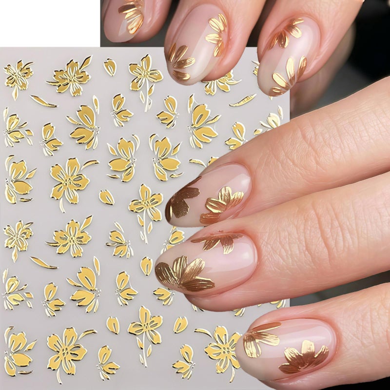 Quezadyl 6Pcs Gold Nail Art Stickers 3D Metallic Flower Leaf Nails Decals Leaf Nails Decals Flower Butterfly Leaves Nail Design Summer Nails Supplies Hibiscus Floral Nail Accessories for Women DIY Nail Art - Image 4