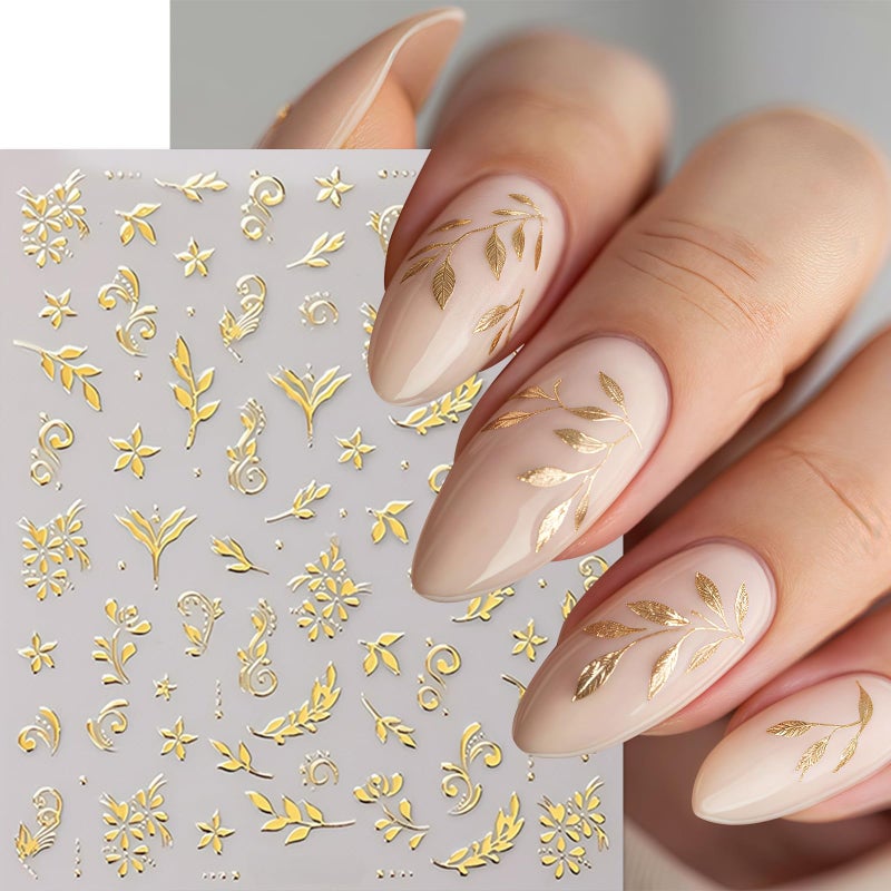 Quezadyl 6Pcs Gold Nail Art Stickers 3D Metallic Flower Leaf Nails Decals Leaf Nails Decals Flower Butterfly Leaves Nail Design Summer Nails Supplies Hibiscus Floral Nail Accessories for Women DIY Nail Art - Image 5