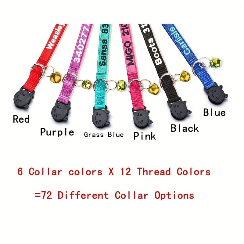 Personalized Embroidered Cat Collar With Custom Name Phone Number Bell Nylon Striped Outdoor Pet Safety Collar Red One Size - Image 4
