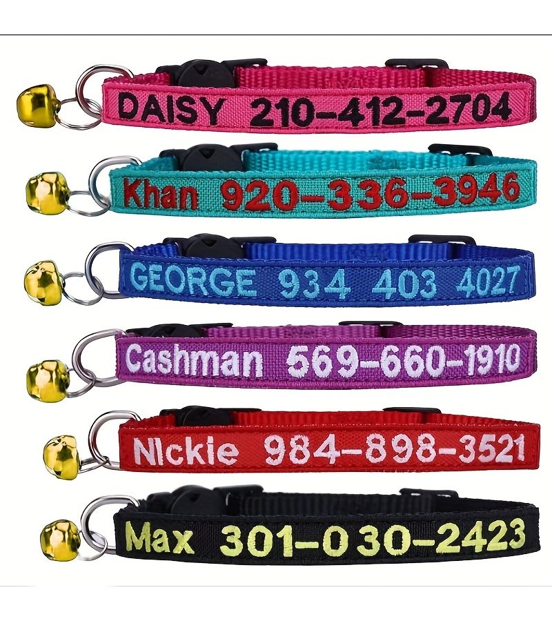 Personalized Embroidered Cat Collar With Custom Name Phone Number Bell Nylon Striped Outdoor Pet Safety Collar Red One Size - Image 1