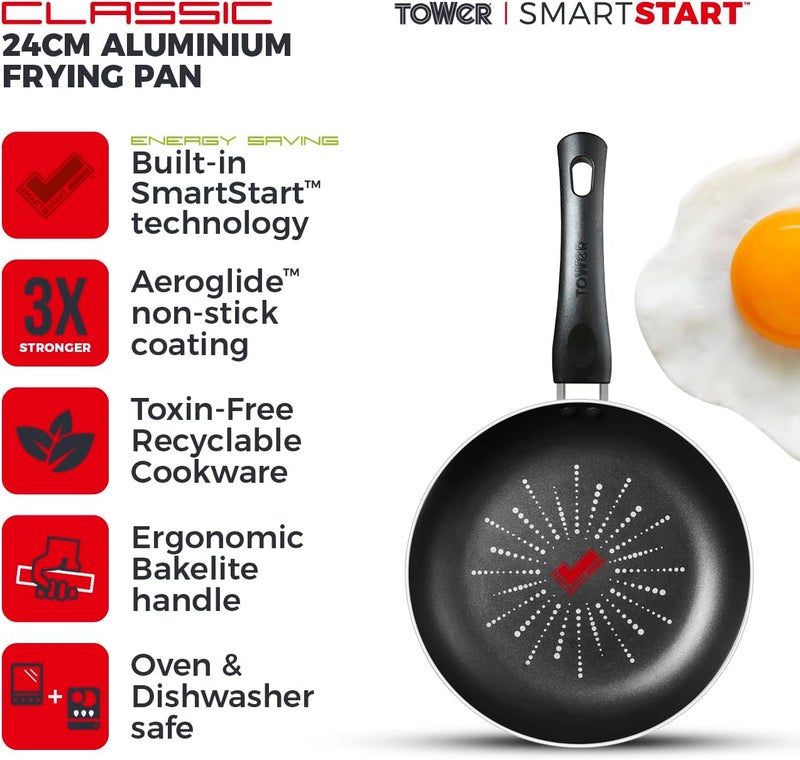 Tower SmartStart Classic 24cm Aluminium Frying Pan | Aeroglide PFOA Free Non-Stick Coating Skillet | Built-In Temperature Indicator | Oven & Dishwasher Safe | Gas Hob Compatible Fry Pan | Black - Image 2