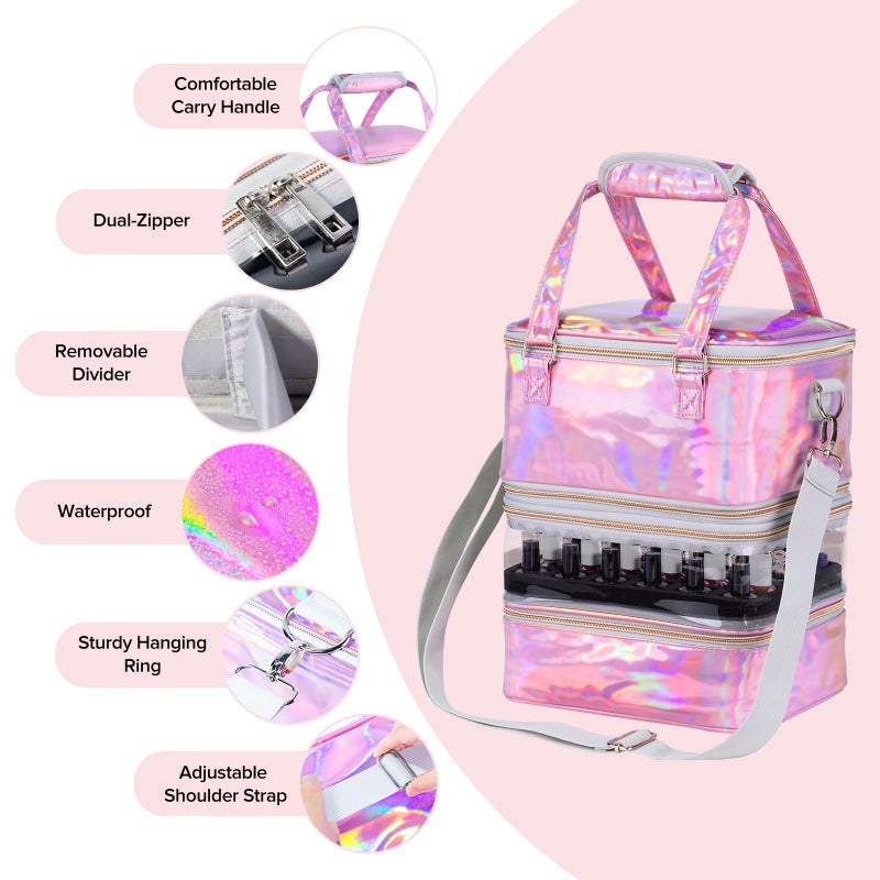 BELOVING Nail Polish Organizer Case, 3 Layers Removable Nail Polish Storage Bag Holds 60 Bottles and Nail Lamp with Shoulder Strap Portable Holographic PU Leather Nail Kit Storage for Manicure Tools (Pink) - Image 3