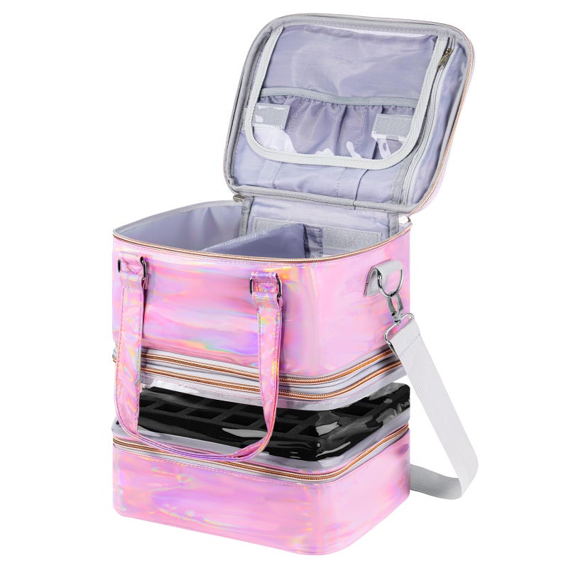 BELOVING Nail Polish Organizer Case, 3 Layers Removable Nail Polish Storage Bag Holds 60 Bottles and Nail Lamp with Shoulder Strap Portable Holographic PU Leather Nail Kit Storage for Manicure Tools (Pink) - Image 1