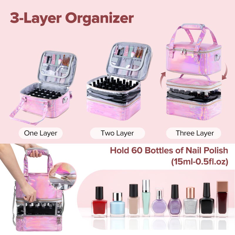BELOVING Nail Polish Organizer Case, 3 Layers Removable Nail Polish Storage Bag Holds 60 Bottles and Nail Lamp with Shoulder Strap Portable Holographic PU Leather Nail Kit Storage for Manicure Tools (Pink) - Image 2