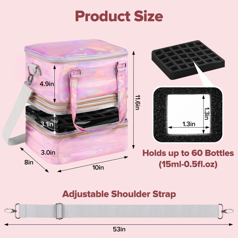 BELOVING Nail Polish Organizer Case, 3 Layers Removable Nail Polish Storage Bag Holds 60 Bottles and Nail Lamp with Shoulder Strap Portable Holographic PU Leather Nail Kit Storage for Manicure Tools (Pink) - Image 5