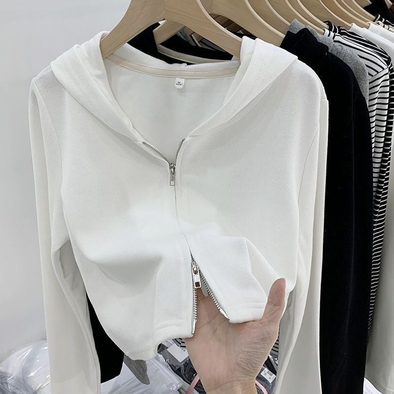 European Design Double Zipper Hooded Outwear Threaded Short Knitted Cardigan Top - Image 4