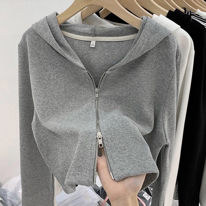 European Design Double Zipper Hooded Outwear Threaded Short Knitted Cardigan Top - Image 2