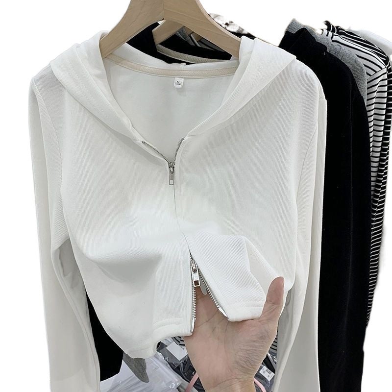 European Design Double Zipper Hooded Outwear Threaded Short Knitted Cardigan Top - Image 5