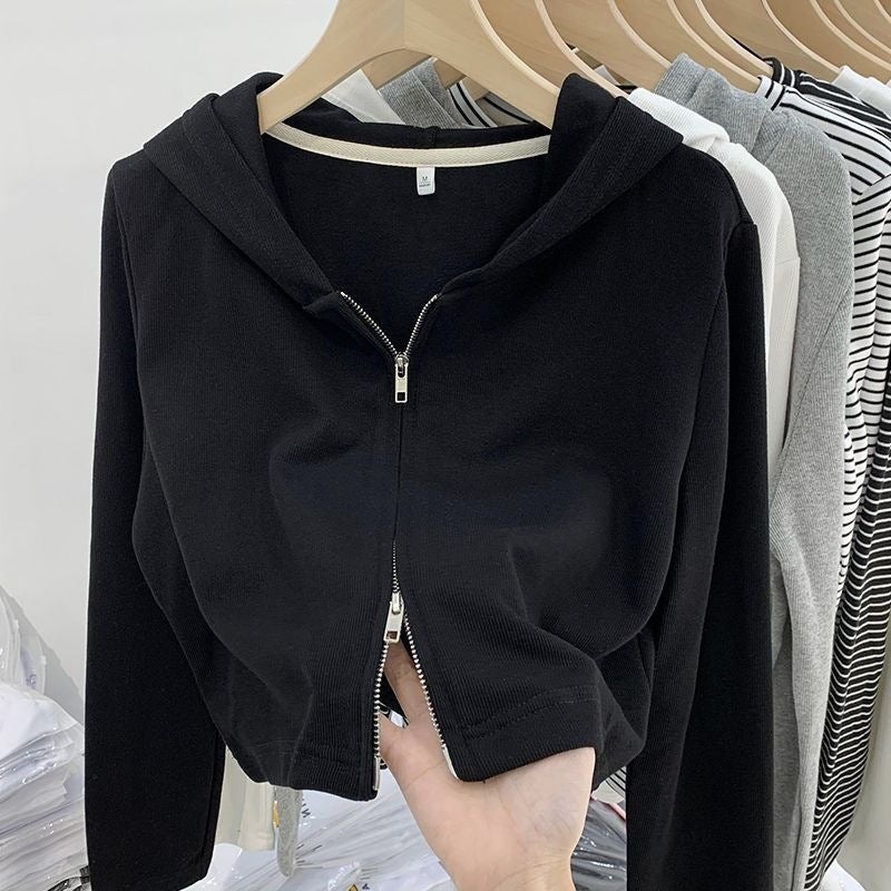 European Design Double Zipper Hooded Outwear Threaded Short Knitted Cardigan Top - Image 1