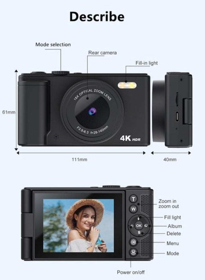 ماكرايستورم 4K كاميرا رقمية للتصوير الفوتوغرافي ، 64MP كاميرا تلقائية التركيز لليوتيوب مع شاشة فليب 2.8 '' 180 درجة ، 18X كاميرا سفر مضادة للاهتزاز التكبير الرقمي ، 64GB بطاقة TF - Image 5