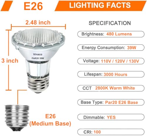 Vinaco PAR20 Flood Light Bulb, 6 Pack PAR20 Flood 39W 120V 480 Lumens (50W Equivalent), Long Lifespan Halogen 39W PAR 20 Dimmable with Warm White 2800K, PAR 20 Halogen Flood Light with E26 Base - Image 3
