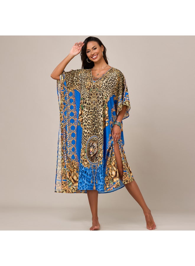 European And American Style Printed Lace-up Shoulder Beach Blouse Loose Holiday Beach Dress Bikini Sun-protective Shirt 5051-Color:5052-  - Image 1