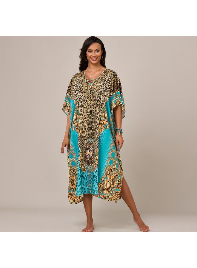European And American Style Printed Lace-up Shoulder Beach Blouse Loose Holiday Beach Dress Bikini Sun-protective Shirt 5051-Color:5052-  - Image 2