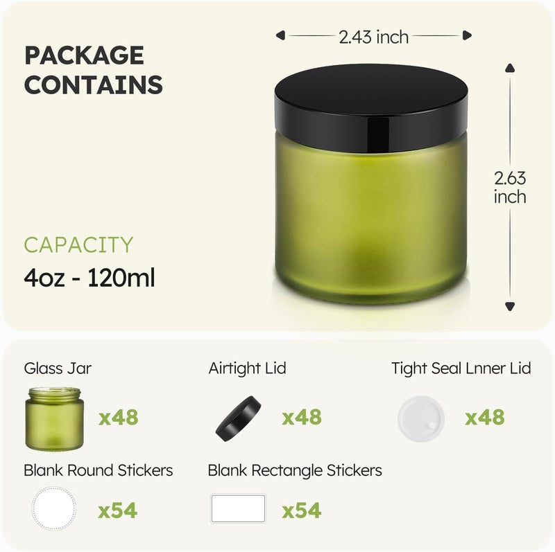 Tecohouse برطمانات زجاجية من Tecohouse سعة 4 أونصات مع أغطية، عبوة تحتوي على 48 برطمانًا باللون الأخضر، مزودة بأغطية وملصقات بيضاء وطبقات داخلية، حاويات شفافة محكمة الإغلاق لتخزين التوابل والكريمات والمراهم. - Image 3