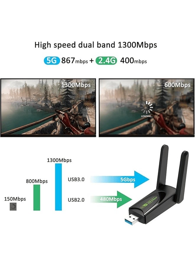 إكس ليفيل محول واي فاي USB لاسلكي، جهاز استقبال خارجي للشبكة اللاسلكية بسرعة 1300 ميجابت في الثانية بسرعة 2.4/5 جيجا هرتز، دونجل واي فاي ثنائي النطاق 5 ديسيبل للكمبيوتر/سطح المكتب/الكمبيوتر اللوحي/الكمبيوتر المحمول - Image 3