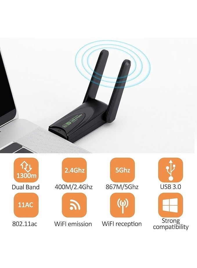 إكس ليفيل محول واي فاي USB لاسلكي، جهاز استقبال خارجي للشبكة اللاسلكية بسرعة 1300 ميجابت في الثانية بسرعة 2.4/5 جيجا هرتز، دونجل واي فاي ثنائي النطاق 5 ديسيبل للكمبيوتر/سطح المكتب/الكمبيوتر اللوحي/الكمبيوتر المحمول - Image 2